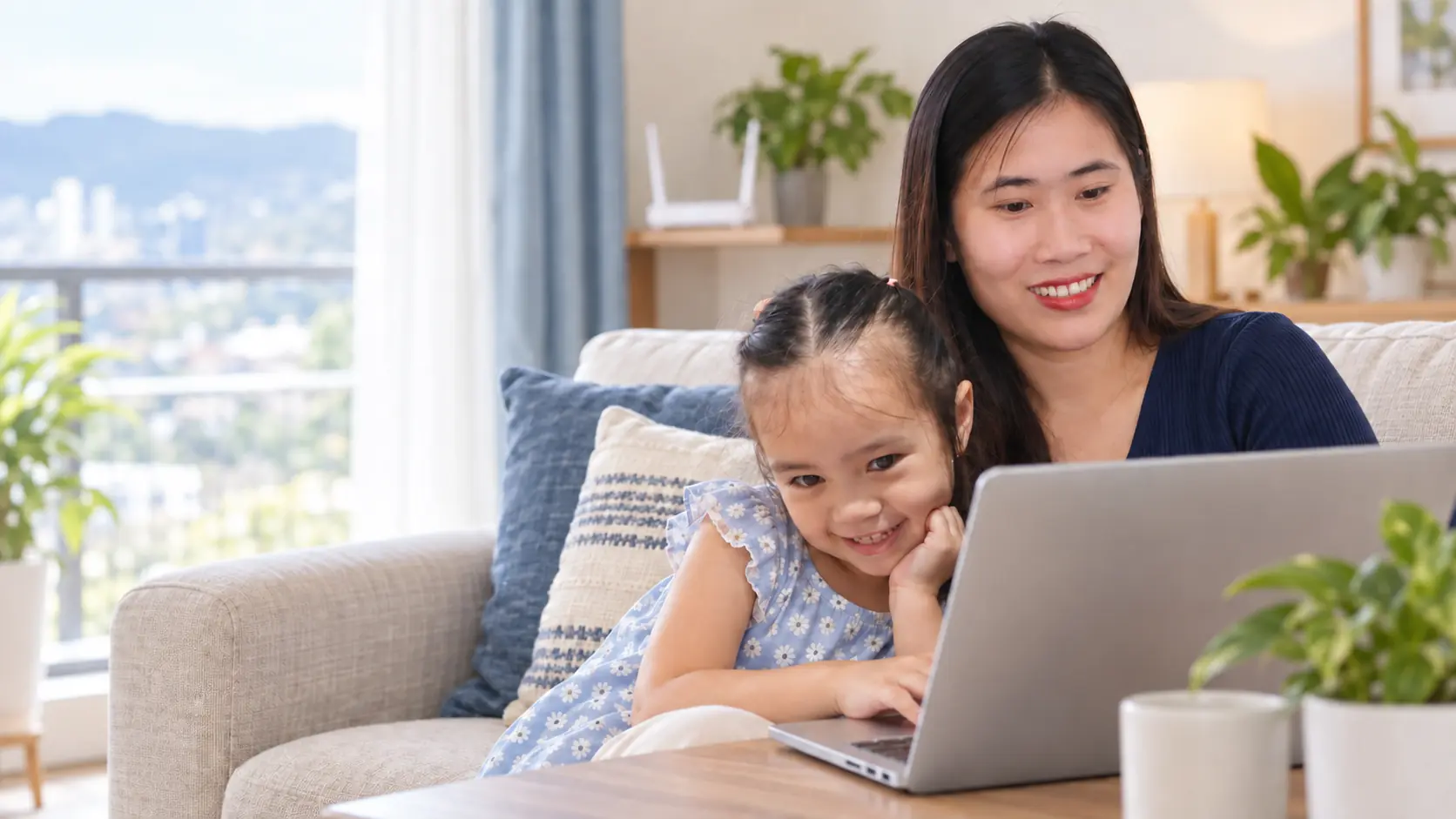 A mother and daughter using a laptop at home
